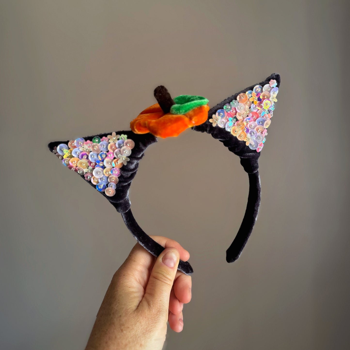 Black Cat Embellished Ears with Pumpkin Top