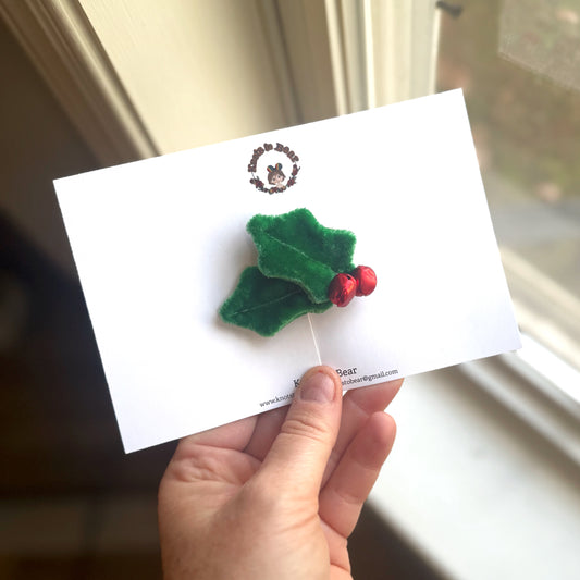 Emerald Velvet Holly Clip with Bells