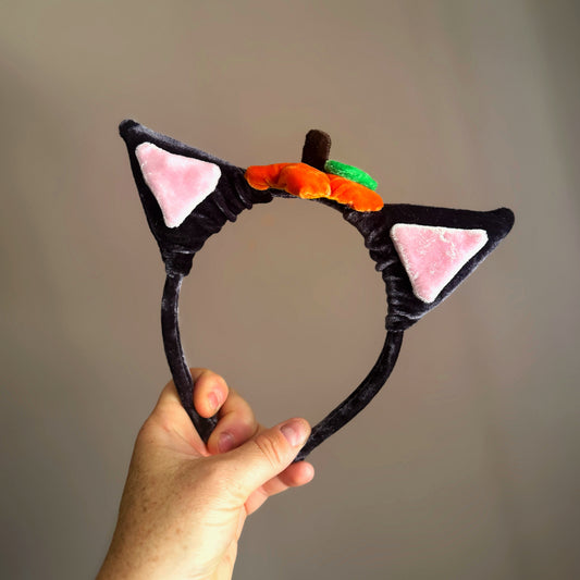 Black Cat Velvet Ears with Pumpkin Top