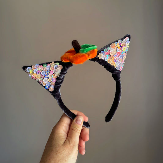 Black Cat Embellished Ears with Pumpkin Top